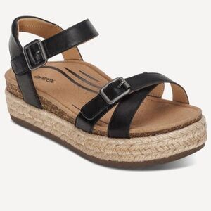 Aetrex Paula Arch Support Black Leather Sandals with Espadrille Sole